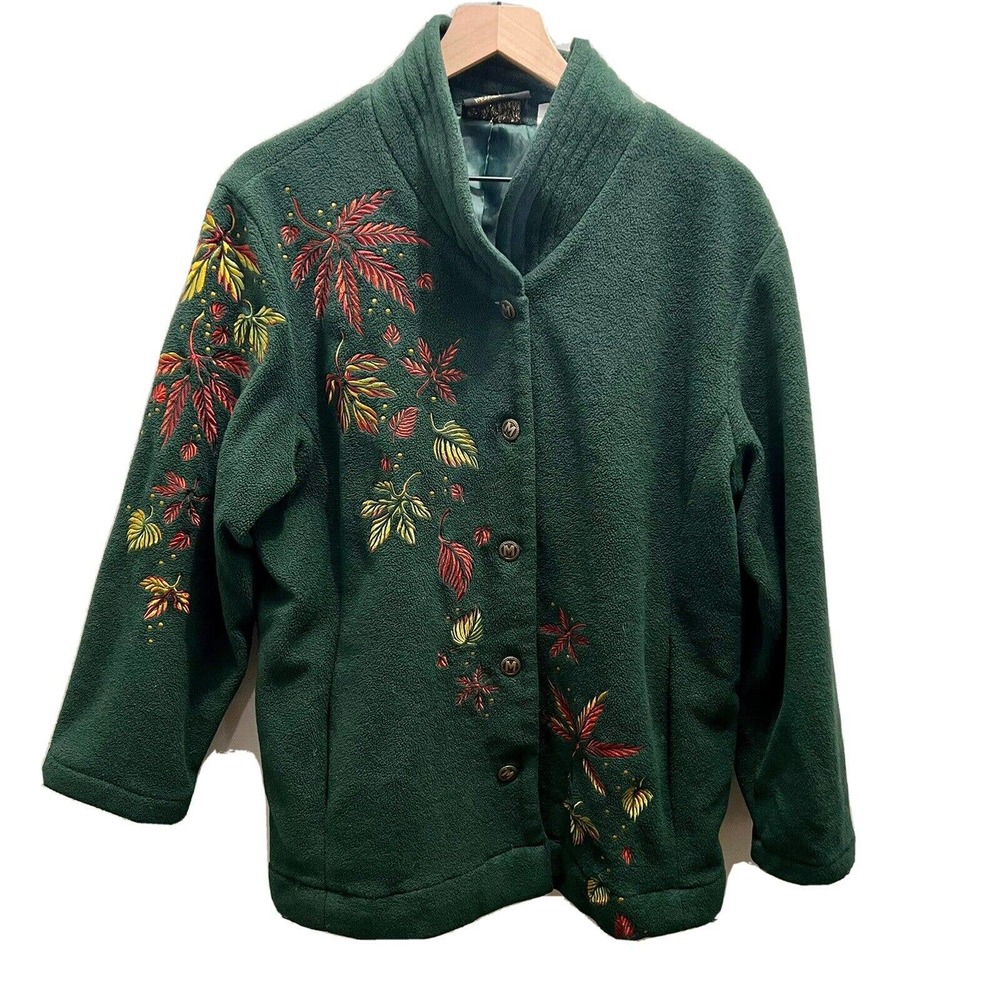 Bob Mackie Green Fall Autumn Leaves Fleece Large thick warm Jacket Coat